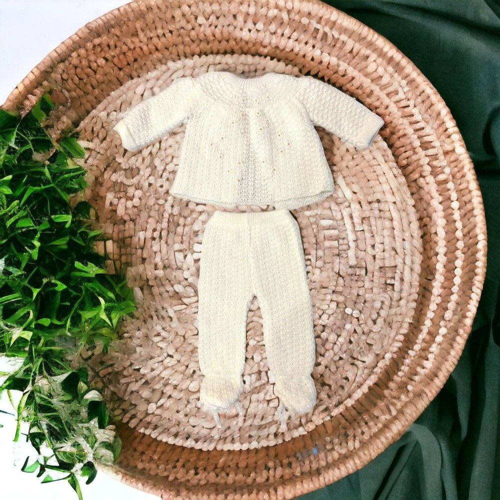 Vtg Italy Knit New Born Baby Layette Ribbon Sweater Pants White Wedding Baptism - Picture 1 of 15